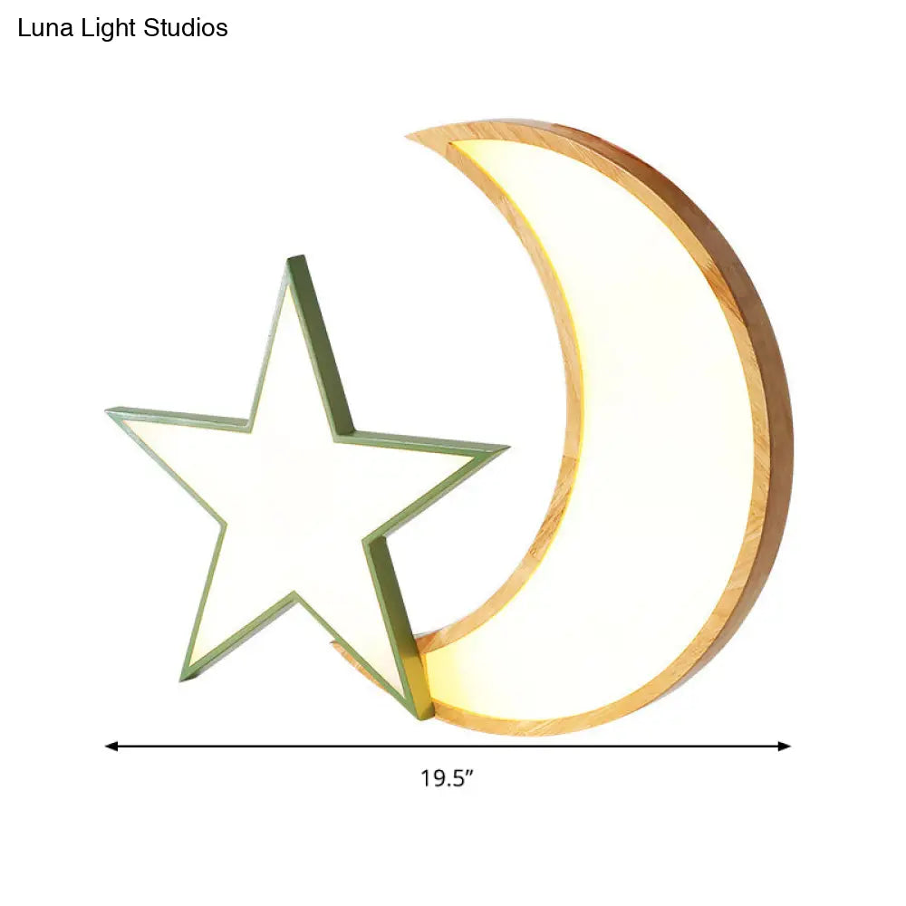 Nordic Crescent & Moon Led Ceiling Light For Kindergarten - Acrylic Wood Finish