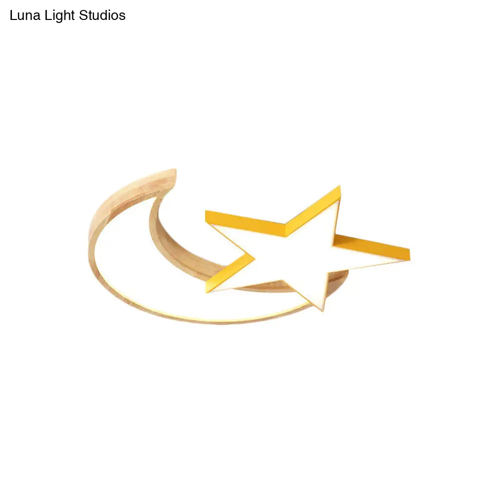 Nordic Crescent & Moon Led Ceiling Light For Kindergarten - Acrylic Wood Finish