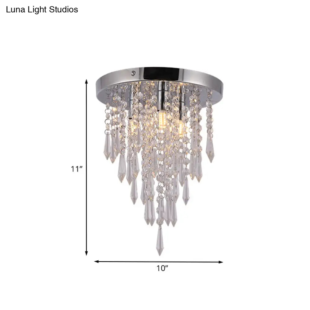Nordic Crystal Droplet Flush Mount Ceiling Light Fixture In Chrome - 3 Lights