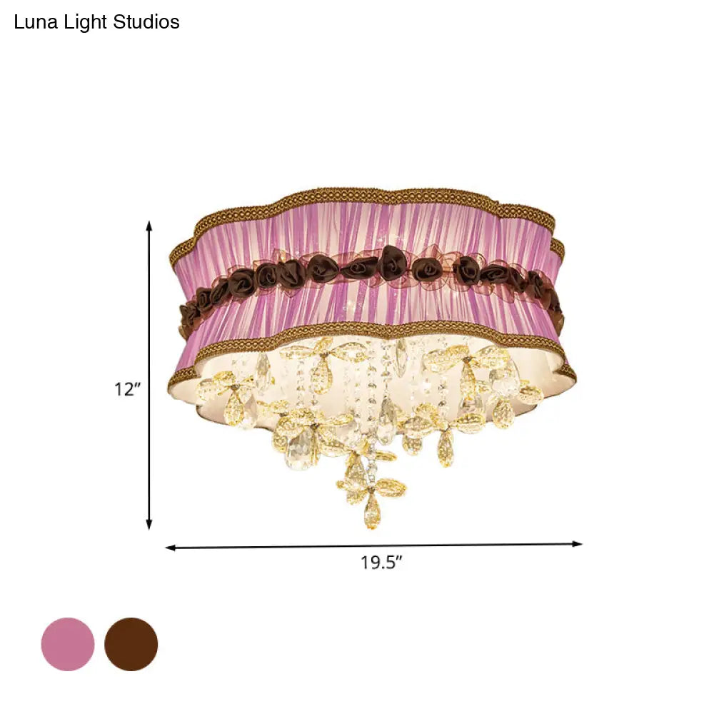 Nordic Crystal Floral Flushmount Light With Sheer Fabric Shade - Coffee/Pink 6-Bulb Close To Ceiling
