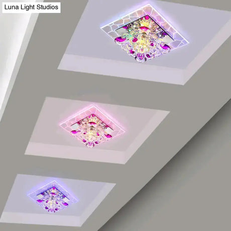 Nordic Crystal Flush Mount Light: Floral Led Purple Ceiling Fixture For Corridor