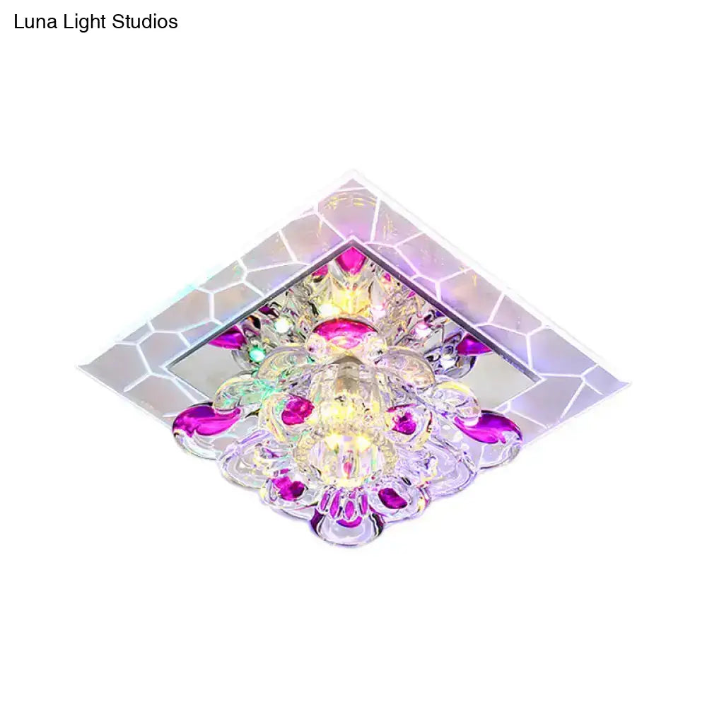 Nordic Crystal Flush Mount Light: Floral Led Purple Ceiling Fixture For Corridor