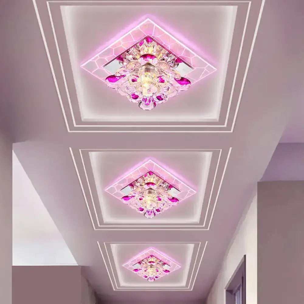 Nordic Crystal Flush Mount Light: Floral Led Purple Ceiling Fixture For Corridor / Pink