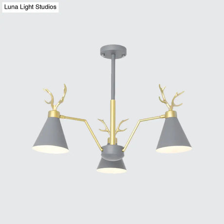 Nordic Deer Horn Cone Hanging Lamp: 3-Light Metal Chandelier For Cafes & Restaurants