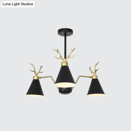 Nordic Deer Horn Cone Hanging Lamp: 3-Light Metal Chandelier For Cafes & Restaurants