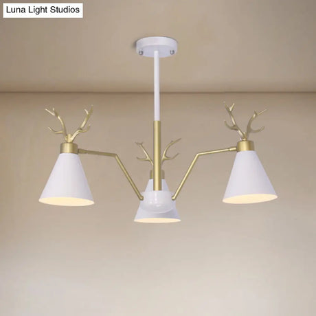 Nordic Deer Horn Cone Hanging Lamp: 3-Light Metal Chandelier For Cafes & Restaurants