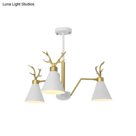 Nordic Deer Horn Cone Hanging Lamp: 3-Light Metal Chandelier For Cafes & Restaurants