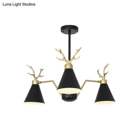 Nordic Deer Horn Cone Hanging Lamp: 3-Light Metal Chandelier For Cafes & Restaurants