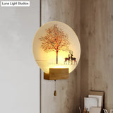 Nordic Deer Tree Mural Led Wall Sconce In Wood With Pull Chain - Acrylic Workshop Lamp