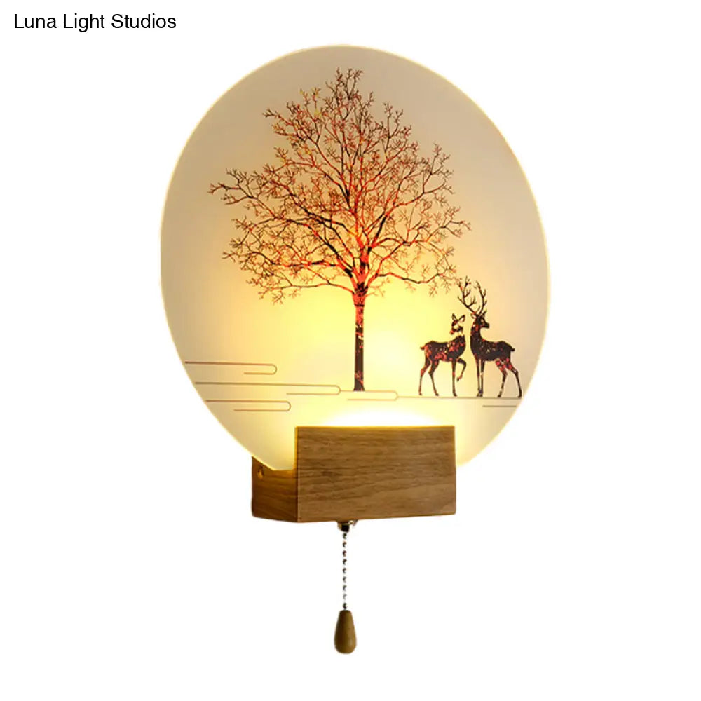 Nordic Deer Tree Mural Led Wall Sconce In Wood With Pull Chain - Acrylic Workshop Lamp