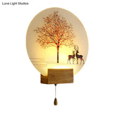 Nordic Deer Tree Mural Led Wall Sconce In Wood With Pull Chain - Acrylic Workshop Lamp