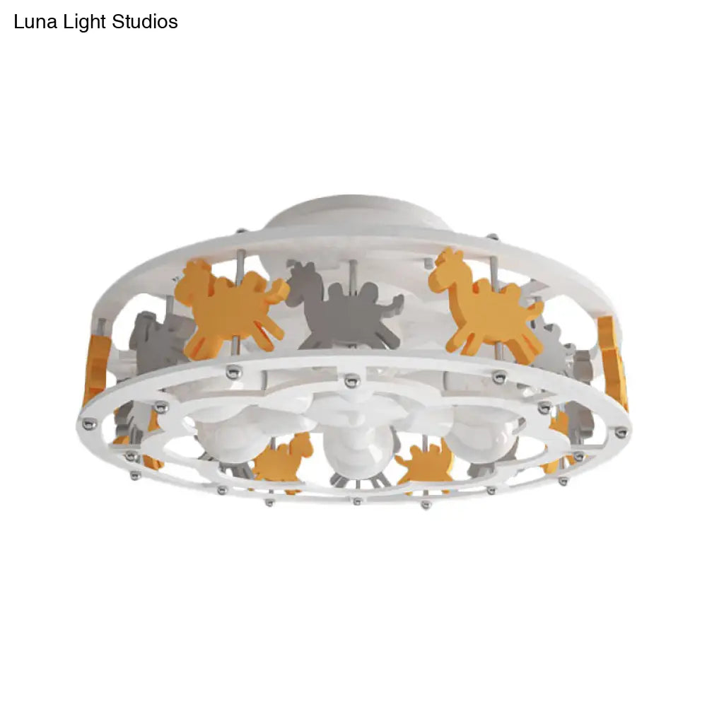 Nordic Drum Semi Flush Iron Nursery Light With Camel Design - White