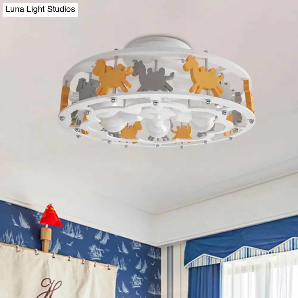 Nordic Drum Semi Flush Iron Nursery Light With Camel Design - White