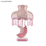 Nordic Fabric Dome Table Lamp - Pink/Blue Reading Book Light With Fringe And Peacock Deco