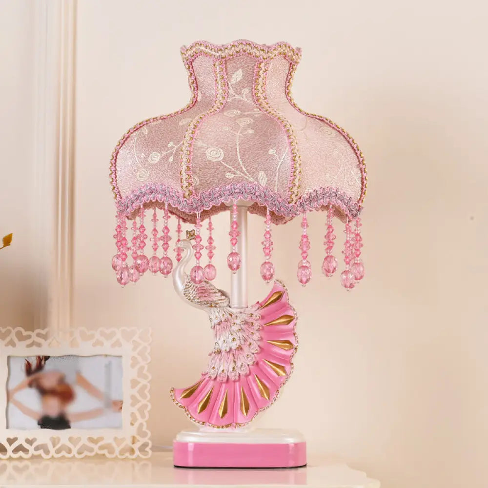 Nordic Fabric Dome Table Lamp - Pink/Blue Reading Book Light With Fringe And Peacock Deco Pink