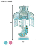 Nordic Fabric Dome Table Lamp - Pink/Blue Reading Book Light With Fringe And Peacock Deco