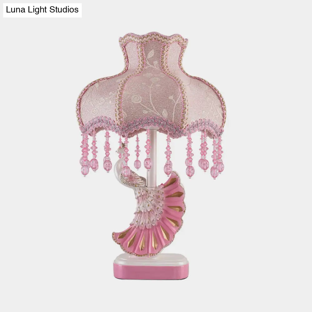 Nordic Fabric Dome Table Lamp - Pink/Blue Reading Book Light With Fringe And Peacock Deco