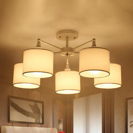 Nordic Fabric Semi Flush Mount Lamp In White - 5 - Bulb Bedroom Ceiling Chandelier