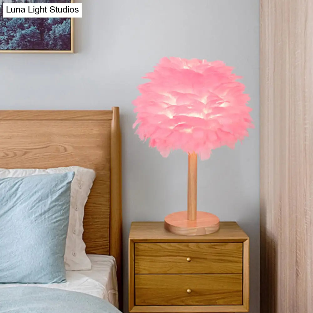 Nordic Feather Dome Nightstand Light - Pink/White/Grey With Wood Pole
