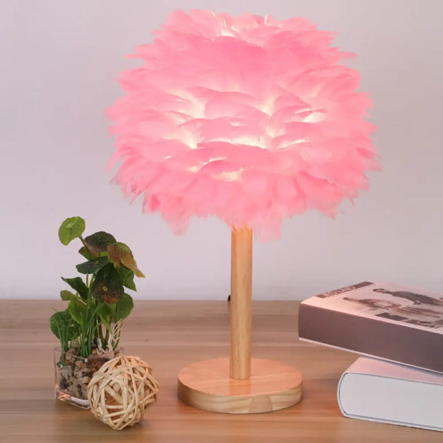 Nordic Feather Dome Nightstand Light - Pink/White/Grey With Wood Pole Pink