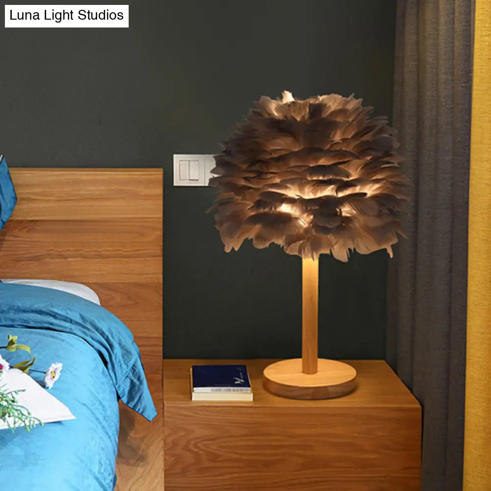 Nordic Feather Dome Nightstand Light - Pink/White/Grey With Wood Pole