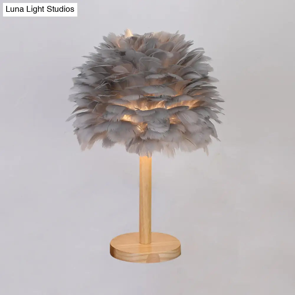 Nordic Feather Dome Nightstand Light - Pink/White/Grey With Wood Pole