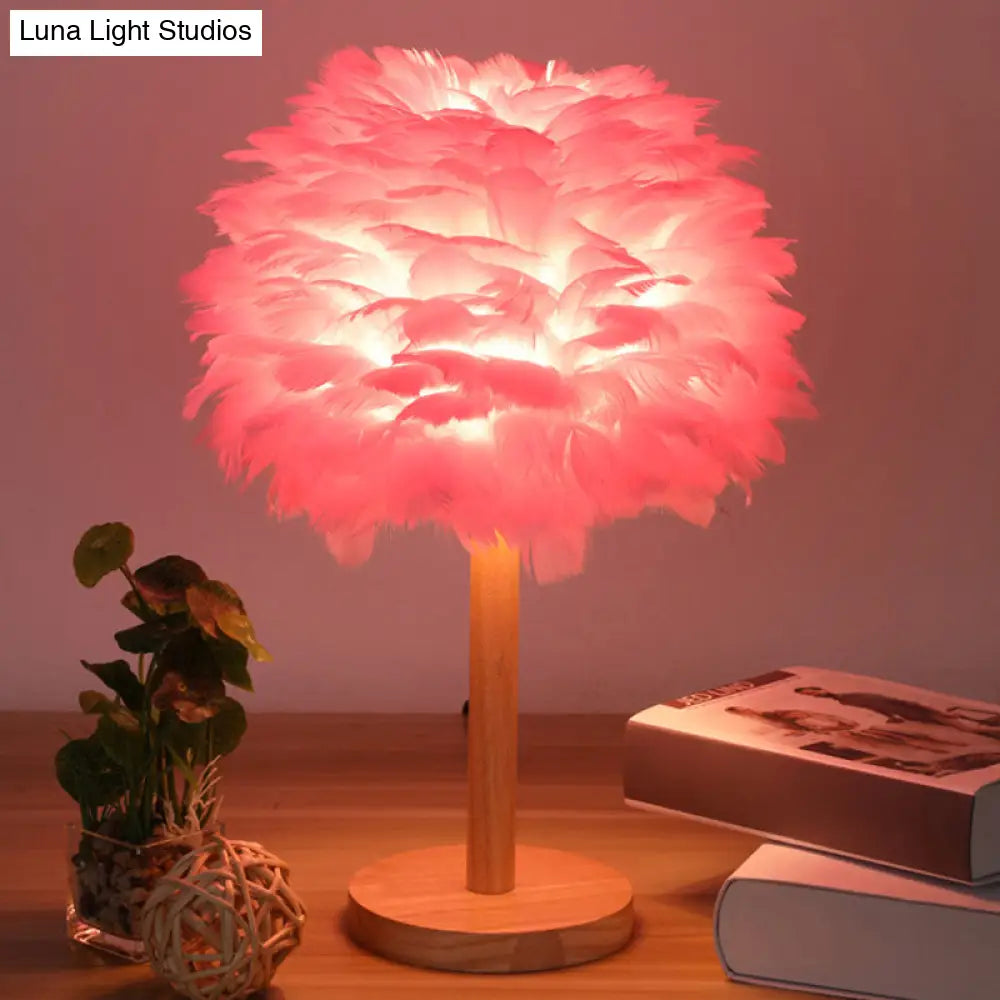 Nordic Feather Dome Nightstand Light - Pink/White/Grey With Wood Pole