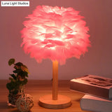Nordic Feather Dome Nightstand Light - Pink/White/Grey With Wood Pole