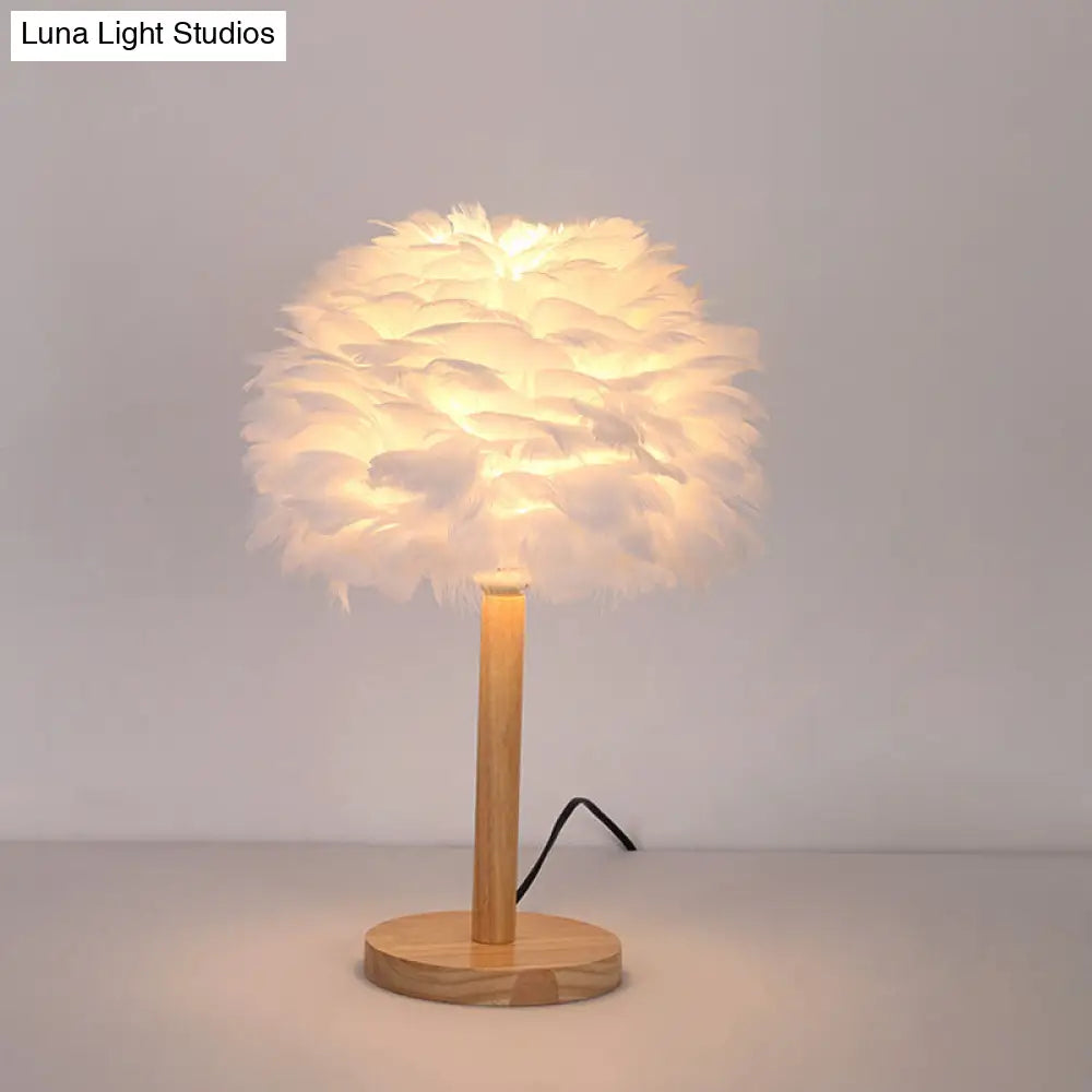 Nordic Feather Dome Nightstand Light - Pink/White/Grey With Wood Pole