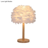 Nordic Feather Dome Nightstand Light - Pink/White/Grey With Wood Pole