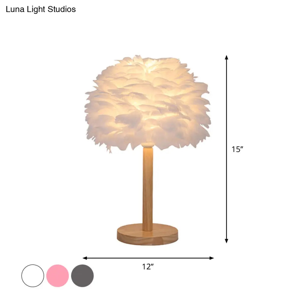Nordic Feather Dome Nightstand Light - Pink/White/Grey With Wood Pole