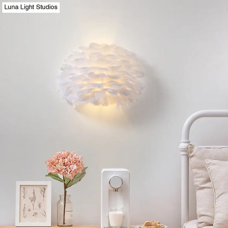 Nordic Feather Flush Mount Wall Sconce For Bedroom - White Half-Globe Up-Down Light