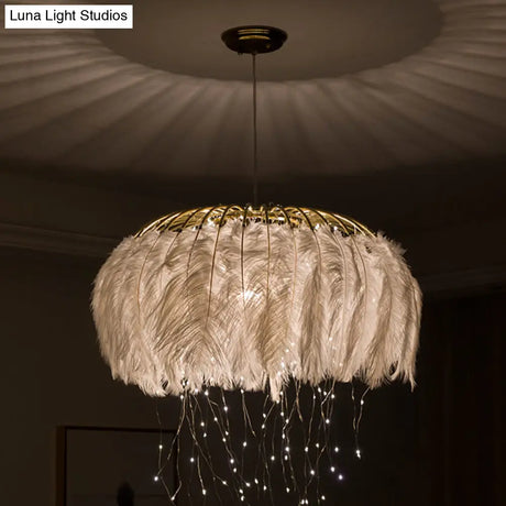 Nordic Feather Round Chandelier - Led Pendant Light For Bedroom With Firefly String