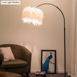 Nordic Feather Standing Lamp: Drum-Shaped 1-Bulb Gooseneck Floor Light Black/White - With/Without