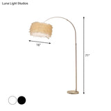 Nordic Feather Standing Lamp: Drum-Shaped 1-Bulb Gooseneck Floor Light Black/White - With/Without