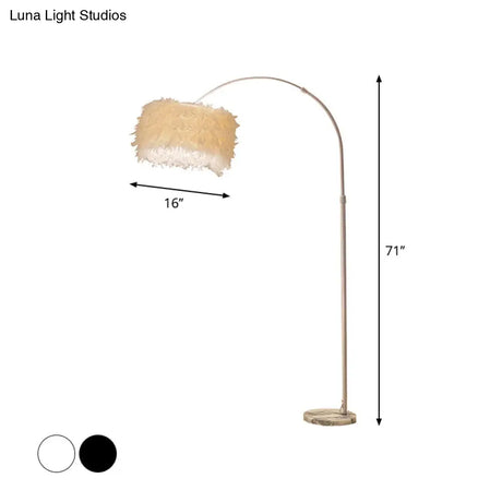 Nordic Feather Standing Lamp: Drum-Shaped 1-Bulb Gooseneck Floor Light Black/White - With/Without