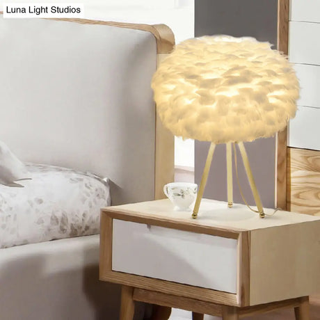Nordic Feather Tripod Table Lamp- Bedroom Night Light With Globe Shade In White