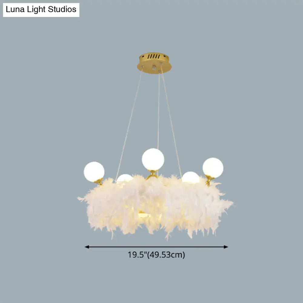 Nordic Gold And White Feather Crown Chandelier For Girls Room - Elegant Suspension Lighting