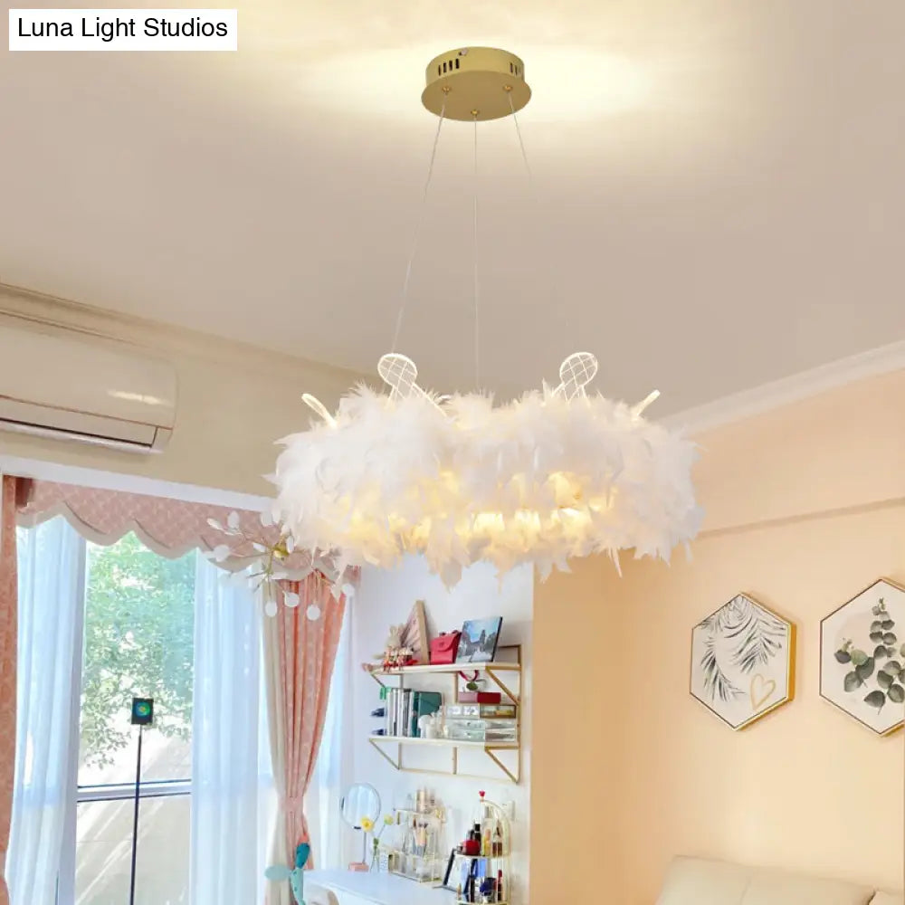 Nordic Gold And White Feather Crown Chandelier For Girls Room - Elegant Suspension Lighting