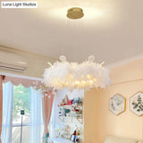 Nordic Gold And White Feather Crown Chandelier For Girls Room - Elegant Suspension Lighting