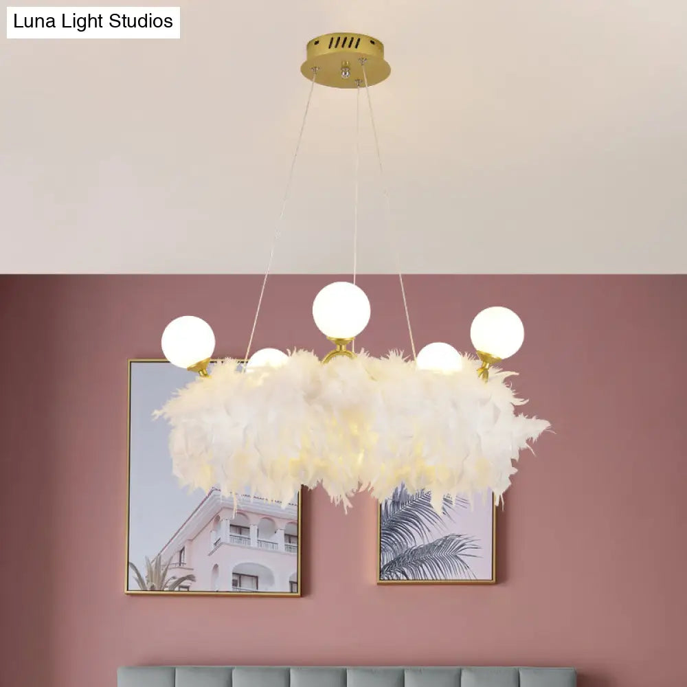 Nordic Gold And White Feather Crown Chandelier For Girls Room - Elegant Suspension Lighting