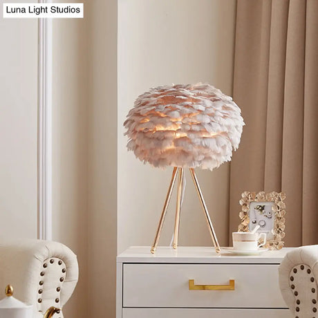 Nordic Goose Feather Sphere Table Lamp With Tripod Stand - Stylish 1-Bulb Night Light