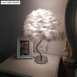 Nordic Grey/Orange/Pink Bedroom Night Lamp - 1-Light Table Light With Feather Shade And Crystal