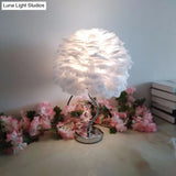Nordic Grey/Orange/Pink Bedroom Night Lamp - 1-Light Table Light With Feather Shade And Crystal