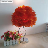 Nordic Grey/Orange/Pink Bedroom Night Lamp - 1-Light Table Light With Feather Shade And Crystal