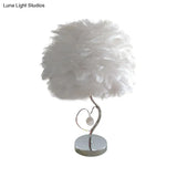 Nordic Grey/Orange/Pink Bedroom Night Lamp - 1-Light Table Light With Feather Shade And Crystal