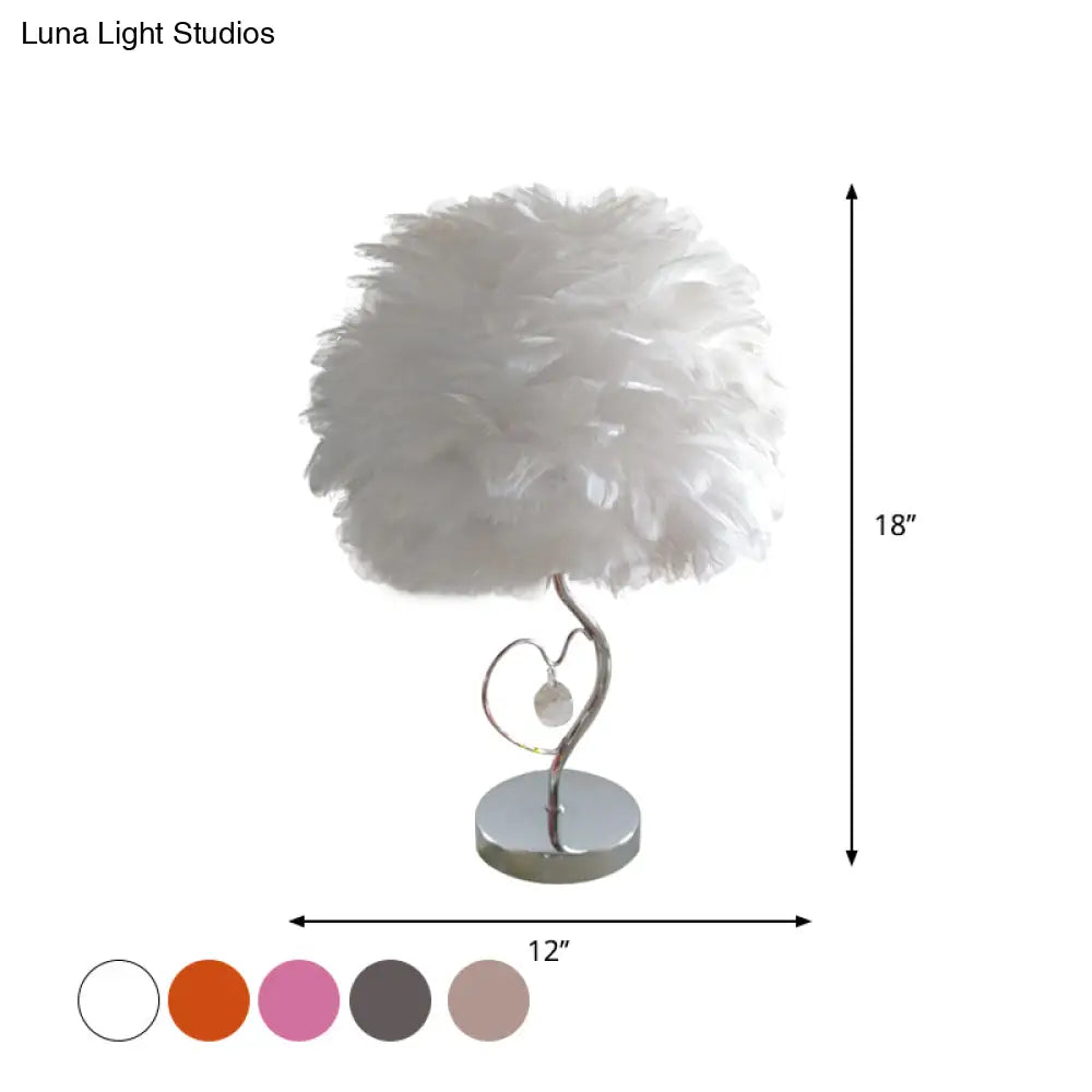 Nordic Grey/Orange/Pink Bedroom Night Lamp - 1-Light Table Light With Feather Shade And Crystal