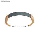 Nordic Grey/White/Green Round Flush Light With Wood Side Guard - Ceiling Mounted Fixture For Bedroom