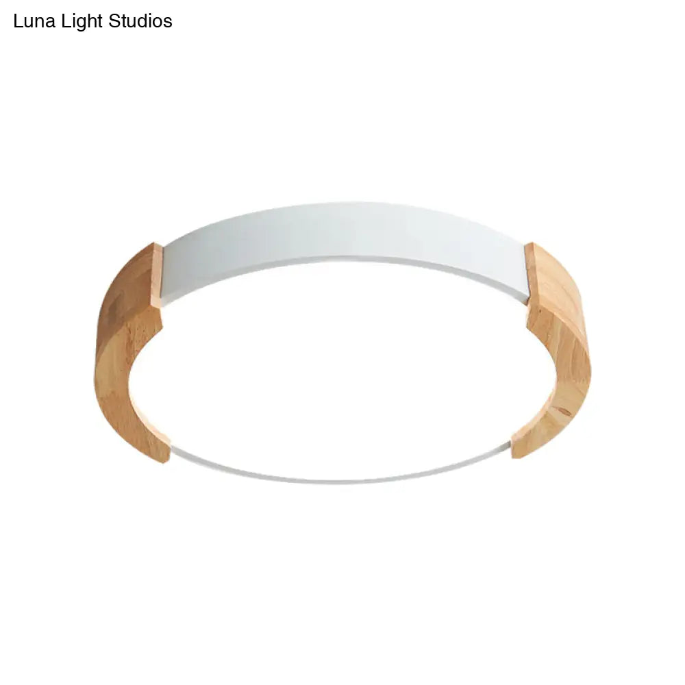 Nordic Grey/White/Green Round Flush Light With Wood Side Guard - Ceiling Mounted Fixture For Bedroom