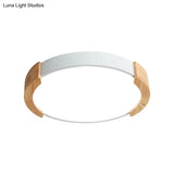 Nordic Grey/White/Green Round Flush Light With Wood Side Guard - Ceiling Mounted Fixture For Bedroom